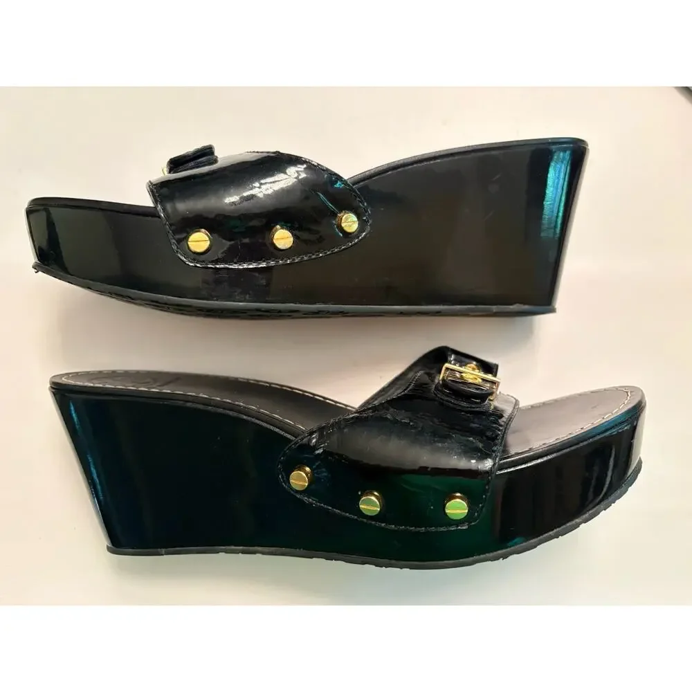 Tory Burch Sz 9 Place Patent Leather Wedge Heel Slip On Sandals